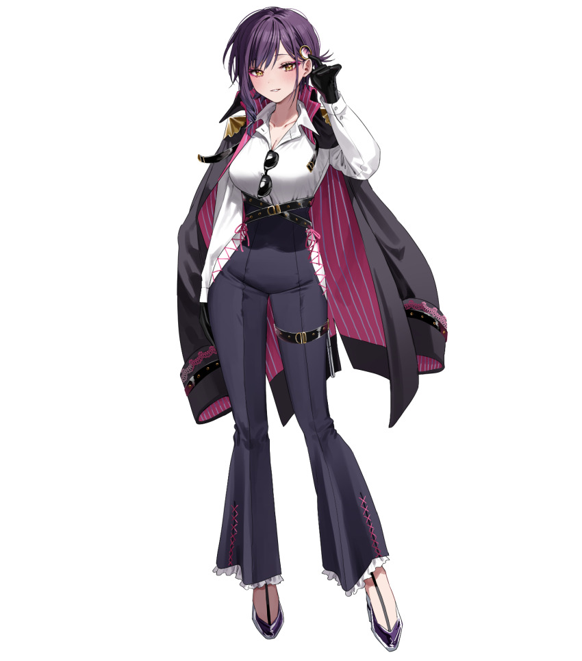 1girl adjusting_hair arm_at_side asymmetrical_hair belt black_belt black_gloves blush breasts chigusa_minori cleavage clothing_cutout coat coat_on_shoulders collarbone collared_shirt contrapposto covered_groin cross-laced_clothes eyeshadow eyewear_hang frilled_pants frills full_body gloves grey_coat hair_behind_ear hair_intakes hair_ornament hand_in_own_hair hand_up high-waist_pants high_heels highres hip_vent large_breasts long_sleeves looking_at_viewer makeup official_art open_collar pants parted_lips pink_eyeshadow purple_footwear purple_hair purple_pants ringlets shirt shirt_tucked_in short_hair sidelocks simple_background smile solo specialite_(company) specialite_en standing stiletto_heels sunglasses swept_bangs thick_eyelashes thigh_belt thigh_strap transparent_background two-sided_coat two-sided_fabric unworn_eyewear valerie_victoria virtual_youtuber white_shirt yellow_eyes