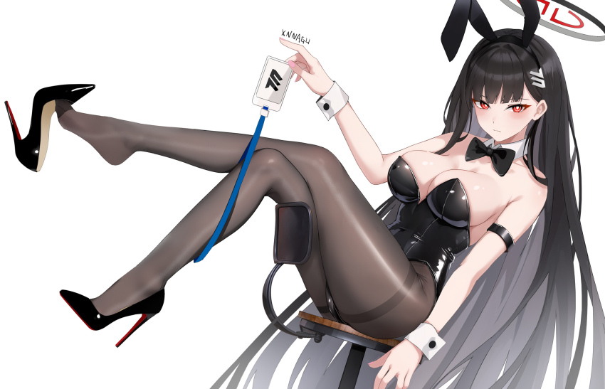 alternate_costume animal_ear_hairband animal_ears bare_arms bare_shoulders black_bow black_bowtie black_hair black_hairband black_leotard black_pantyhose black_shoes blue_archive blush bow bowtie christian_louboutin_(brand) closed_mouth detached_collar fake_animal_ears hair_behind_ear hair_ornament hairband hairclip high_heels highres id_card legs leotard long_hair looking_at_viewer louboutins pantyhose patent_heels playboy_bunny pumps rabbit_ear_hairband rabbit_ears red_eyes red_soles rio_(blue_archive) shoes stiletto_heels strapless strapless_leotard wrist_cuffs xnnagu