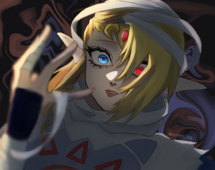 1girl bandages blonde_hair blue_eyes emari_39 finger_wrap frown hand_up nintendo parted_lips portrait princess_zelda red_eyes red_lips sheik solo the_legend_of_zelda the_legend_of_zelda:_ocarina_of_time tiara transformation wide-eyed