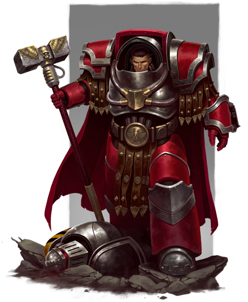 absurdres adrian4rt armor armored_boots black_armor black_hair boots breastplate brown_eyes cape chaos_(warhammer) commentary corpse couter cuirass english_commentary gauntlets greaves grey_armor grey_background highres holding holding_weapon iron_warriors leg_armor lying male_focus on_back pauldrons pelvic_curtain poleyn power_armor red_armor red_cape rerebrace short_hair shoulder_armor simple_background skull standing_on_rock terminator_armor walking war_hammer warhammer_40k weapon white_background