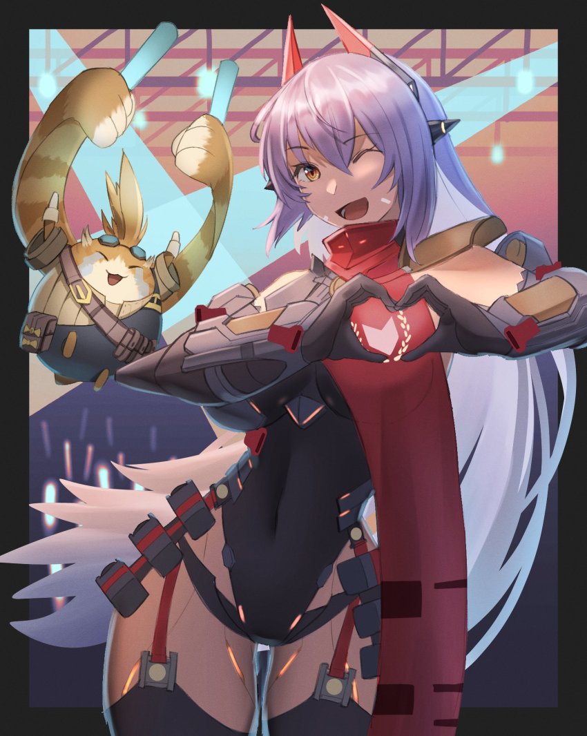 1boy 1girl android heart heart_hands highleg highleg_leotard highres joints leotard medaman nopon poppi_(xenoblade) poppi_qtpi_(xenoblade) robot_ears robot_joints torn_clothes torn_leotard xenoblade_chronicles_(series) xenoblade_chronicles_2