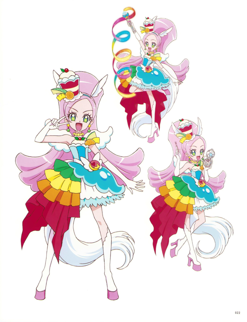 1girl absurdres animal_ears armpits bare_shoulders berry boots choker collarbone cure_parfait dress earrings elbow_gloves food food-themed_hair_ornament fruit full_body gloves hair_ornament headband highres holding holding_wand horse_ears ino_marie jewelry kirahoshi_ciel kirakira_precure_a_la_mode kiwi_(fruit) leaf leg_up lemon long_hair looking_at_viewer multicolored_eyes official_art open_mouth orange_(fruit) parfait pearl_choker pearl_earrings pink_hair ponytail precure simple_background solo sparkle sparkling_eyes standing standing_on_one_leg strapless strapless_dress tail third-party_source v wand white_background white_boots white_gloves white_tail white_wings wings
