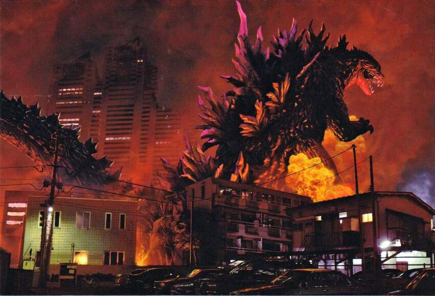 building car destruction dinosaur explosion fire godzilla godzilla_(series) godzilla_2000:_millennium highres kaida_yuji kaiju motor_vehicle night no_humans official_art open_mouth parking_lot power_lines sharp_teeth skyscraper smoke spikes tail teeth toho