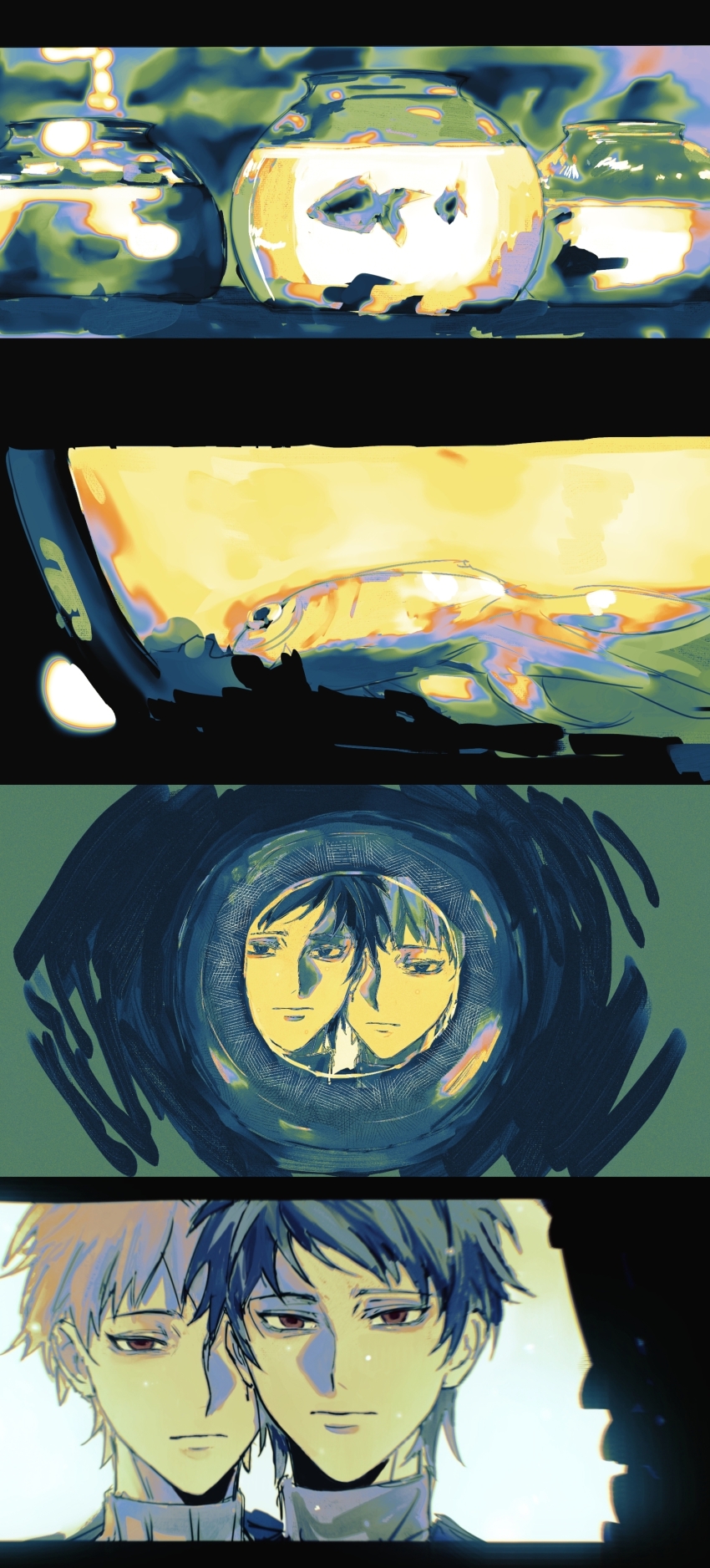 2boys :| absurdres atou_haruki chinese_commentary closed_mouth commentary_request dixinyinli expressionless fish fishbowl harada_minoru highres limited_palette male_focus multiple_boys ribbed_sweater saibou_shinkyoku short_bangs short_hair sweater time_paradox turtleneck turtleneck_sweater wispy_bangs