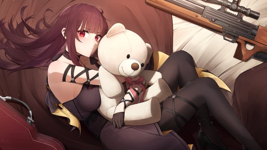 1girl absurdres arm_ribbon black_dress black_gloves black_pantyhose black_shoes breasts bullpup closed_mouth dress girls&#039;_frontline girls&#039;_frontline_2:_exilium gloves gun half_gloves high_heels highres hugging_object instrument_case long_hair looking_at_viewer makiatto_(girls&#039;_frontline_2) official_alternate_costume pantyhose purple_hair red_eyes red_ribbon ribbon rifle shoes sniper_rifle solo stuffed_animal stuffed_toy teddy_bear wa2000_(ballroom_interlude)_(girls&#039;_frontline) wa2000_(girls&#039;_frontline) walther walther_wa_2000 weapon witky_27