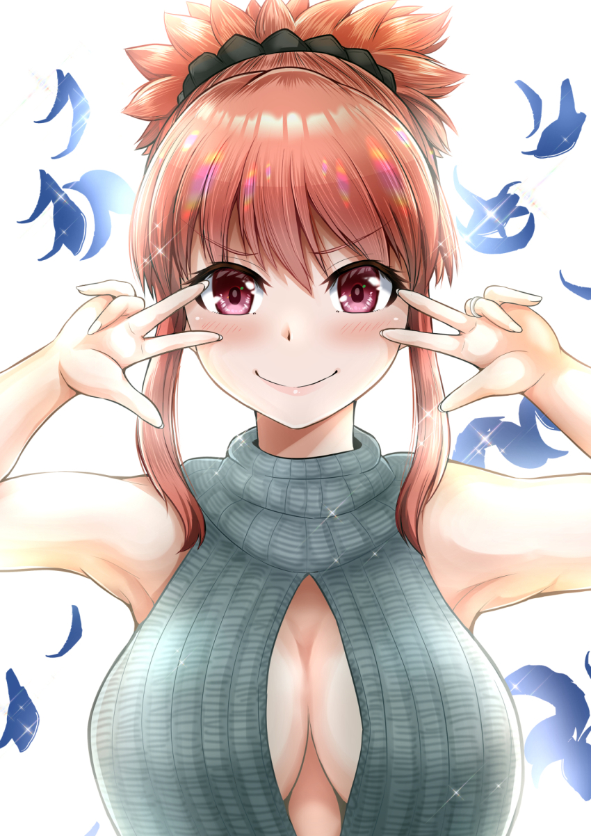 1girl blush breasts double_v emotional_engine_-_full_drive hands_up highres large_breasts long_hair looking_at_viewer meme_attire original red_eyes red_hair sleeveless sleeveless_sweater smile solo sweater v virgin_killer_sweater yano_toshinori