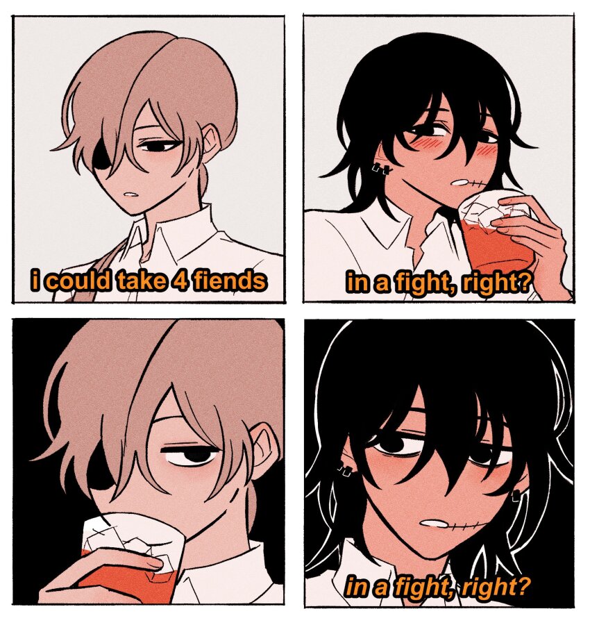 1boy 1girl 4koma black_hair chainsaw_man claireiosity collared_shirt comic cup ear_piercing english_text eyepatch for_the_better_right?_(meme) grey_hair highres holding holding_cup ice ice_cube kishibe_(chainsaw_man) kishibe_(young)_(chainsaw_man) long_hair looking_at_another looking_at_viewer medium_hair meme open_mouth piercing ponytail quanxi_(chainsaw_man) shirt square_4koma stitched_face stitched_mouth stitches white_shirt