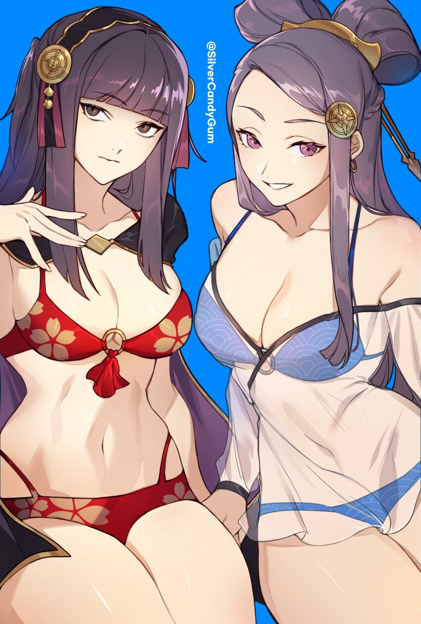 2girls alternate_costume bikini black_hair blue_background blue_bikini blunt_bangs breasts cleavage closed_mouth commentary commission english_commentary fingernails fire_emblem fire_emblem_fates hair_ornament hair_stick head_tilt highres large_breasts long_hair looking_at_viewer multiple_girls navel nintendo orochi_(fire_emblem) purple_eyes purple_hair red_bikini rhajat_(fire_emblem) silvercandy_gum simple_background sitting smile stomach swimsuit twitter_username very_long_hair