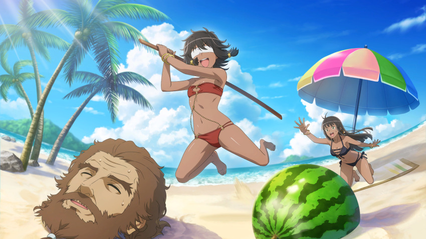1boy 2girls :d anime_coloring beach beard bikini black_bikini black_hair blindfold blue_sky bracelet breasts brown_hair buried cleavage closed_eyes danmachi_battle_chronicle dark-skinned_female dark_skin dungeon_ni_deai_wo_motomeru_no_wa_machigatteiru_darou_ka dwarf earrings facial_hair food fruit full_beard game_cg gareth_landrock green_eyes highres holding holding_stick jewelry kneeling long_hair medium_breasts melon midair multi-strapped_bikini_bottom multiple_girls navel non-web_source o-ring o-ring_bikini official_art open_mouth palm_tree parasol reaching reaching_towards_another red_bikini short_hair siblings sidelocks sisters sky small_breasts smile stick stomach strapless strapless_bikini suikawari sweat sweatdrop swimsuit through_ground tiona_hyryute tione_hyryute tree twins umbrella watermelon