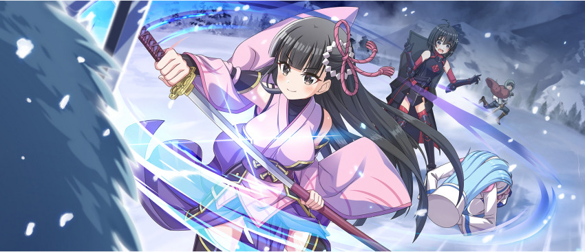 1boy 3girls ahoge aqua_(konosuba) armor armored_boots armpit_crease bare_shoulders black_armor black_eyes black_gloves black_hair black_thighhighs blue_hair blunt_bangs bob_cut boots breasts brown_hair closed_mouth coat crossover detached_sleeves dogeza elbow_gloves fleeing floral_print game_cg gloves grey_eyes hair_between_eyes hair_ornament hairpin hands_up hat highres holding holding_sheath holding_sword holding_weapon itai_no_wa_iya_nano_de_bougyoryoku_ni_kyokufuri_shitai_to_omoimasu japanese_armor japanese_clothes kasumi_(bofuri) katana kimono kono_subarashii_sekai_ni_shukufuku_wo! konosuba!_fantastic_days kusazuri large_breasts light_blush long_hair long_skirt long_sleeves looking_at_another looking_down maple_(bofuri) monster mountain multiple_girls obi official_art open_mouth outdoors overcast pine_tree pink_kimono pink_sleeves purple_skirt raised_eyebrows red_gloves red_thighhighs rose_print running sash satou_kazuma sheath shield shield_on_back short_hair short_kimono side_slit skirt skirt_under_kimono sky sleeveless sleeveless_kimono small_breasts smile snow snowing standing sword thighhighs tree turtleneck two-tone_gloves unsheathing v-shaped_eyebrows vambraces weapon white_coat white_hat wide_sleeves winter_clothes winter_coat