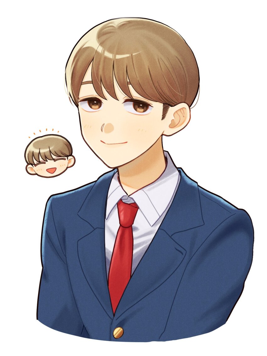 1boy :d ^_^ blazer blue_jacket brown_eyes brown_hair chibi chibi_inset closed_eyes collared_shirt commentary futsuu_no_keion-bu happy_aura head_only highres jacket lapels male_focus multiple_views necktie notched_lapels open_mouth red_necktie school_uniform shirt short_hair simple_background smile symbol-only_commentary takami_kouki ueo_tt upper_body white_background white_shirt wing_collar winter_uniform
