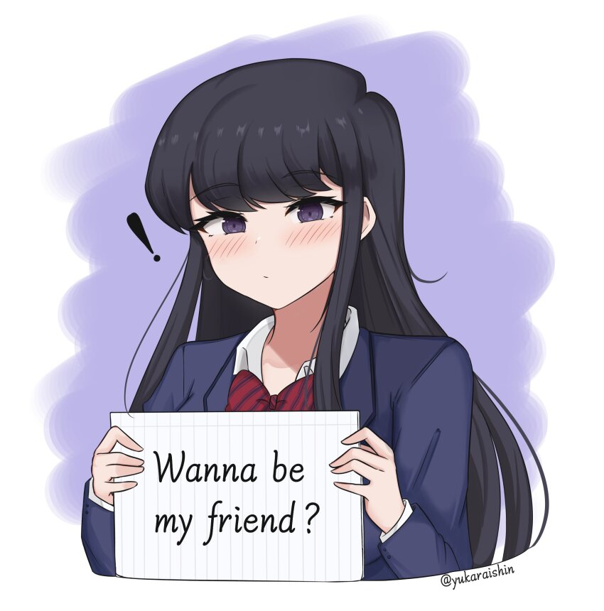 ! 1girl absurdres black_eyes black_hair blue_jacket blush bow bowtie closed_mouth commentary cropped_torso diagonal-striped_bow diagonal-striped_bowtie diagonal-striped_clothes dot_mouth english_text highres holding holding_paper itan_private_high_school_uniform jacket komi-san_wa_komyushou_desu komi_shouko long_hair long_sleeves looking_at_viewer paper purple_background red_bow red_bowtie school_uniform solo striped_bow striped_bowtie striped_clothes swept_bangs white_background yukaraishin