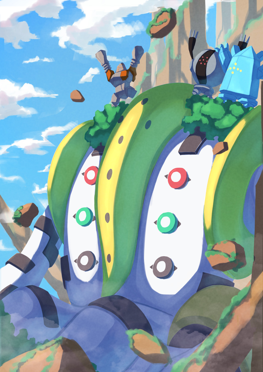 absurdres arms_up blue_sky cloud commentary_request creatures_(company) day game_freak gen_3_pokemon gen_4_pokemon giant highres legendary_pokemon moss mountain nintendo no_humans on_shoulder outdoors pokemon pokemon_(creature) pokemon_on_shoulder regice regigigas regirock registeel ririri_(user_rkrv7838) sitting sky tree