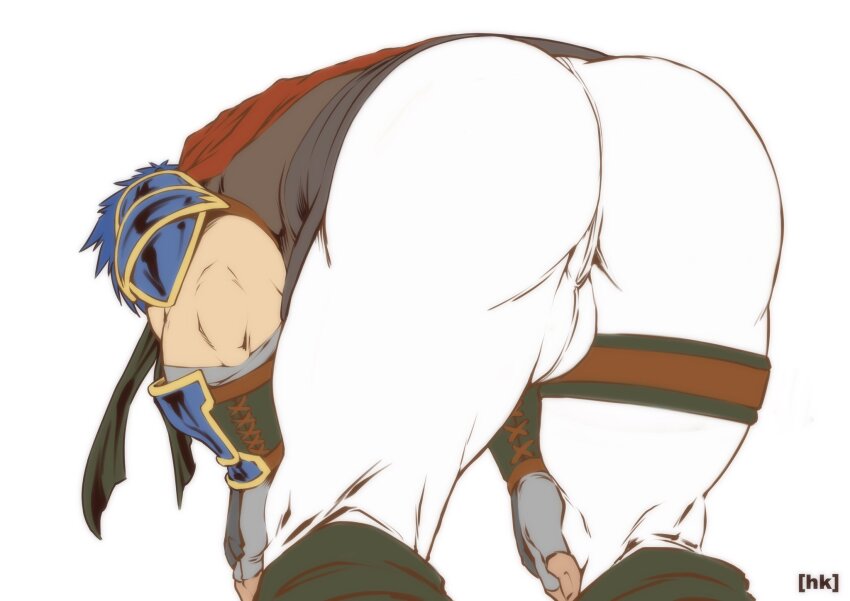 1boy armor ass ass_focus bara bent_over blue_hair commentary_request commission fire_emblem fire_emblem:_radiant_dawn highres ike_(fire_emblem) its_a_zombiehk male_focus nintendo pants pauldrons second-party_source shoulder_armor simple_background solo white_background white_pants