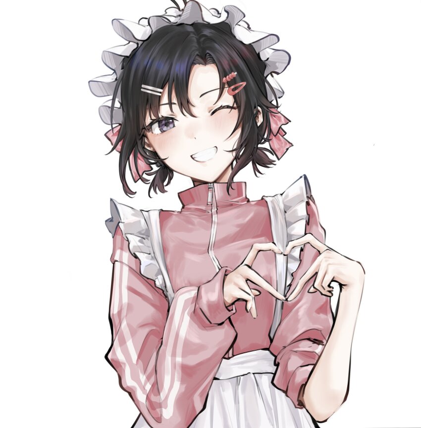 1girl absurdres aburi-gatana apron black_eyes black_hair blush commentary grin hair_ornament hairclip heart heart_hands highres idolmaster idolmaster_(classic) jacket jersey_maid kikuchi_makoto long_sleeves looking_at_viewer maid maid_apron maid_headdress one_eye_closed pink_track_suit short_hair simple_background sleeve_pushed_up smile solo track_jacket track_suit unconventional_maid upper_body white_apron white_background white_headdress