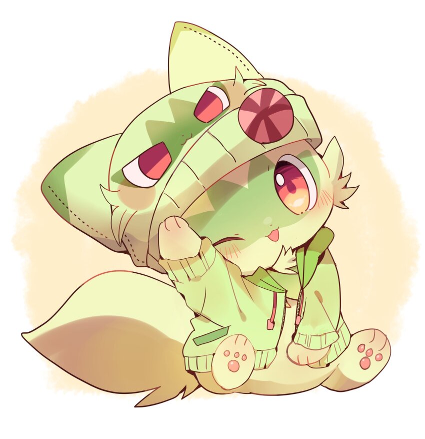 blush colored_skin commentary_request drawstring green_hat green_jacket green_skin hat head_tilt highres jacket long_sleeves looking_at_viewer nintendo no_humans one_eye_closed open_clothes open_jacket paw_up pokemon pokemon_(creature) pokemon_focus red_eyes sitting sprigatito white_background yupo_0322