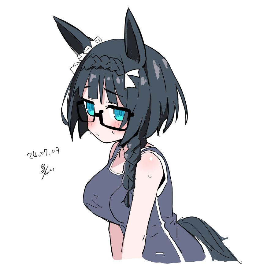 1girl absurdres animal_ears black-framed_eyewear black_hair black_one-piece_swimsuit blue_eyes braid breasts dated glasses hair_ornament hair_ribbon hair_scrunchie highres horse_ears horse_girl horse_tail large_breasts long_hair one-piece_swimsuit ribbon scrunchie signature simple_background single_braid solo spacecrab sweat swimsuit tail umamusume white_background white_ribbon white_scrunchie zenno_rob_roy_(umamusume)