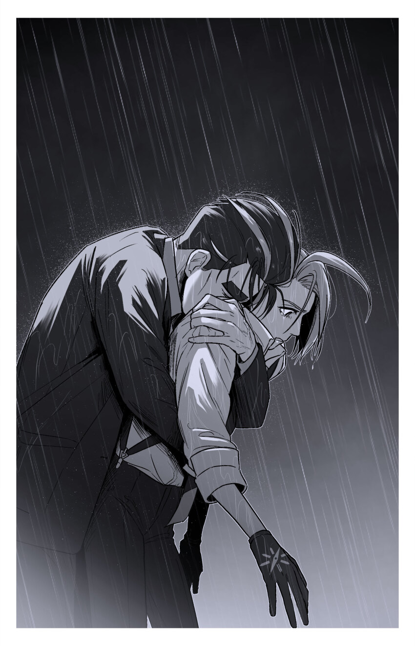 1boy 1girl absurdres androgynous closed_eyes commentary formal_clothes gloves greyscale highres hug hug_from_behind larry_(pokemon) monochrome multicolored_hair nintendo pokemon pokemon_sv rain reverse_trap rika_(pokemon) sleeves_rolled_up streaked_hair suit suma3695 suspenders two-tone_hair wet