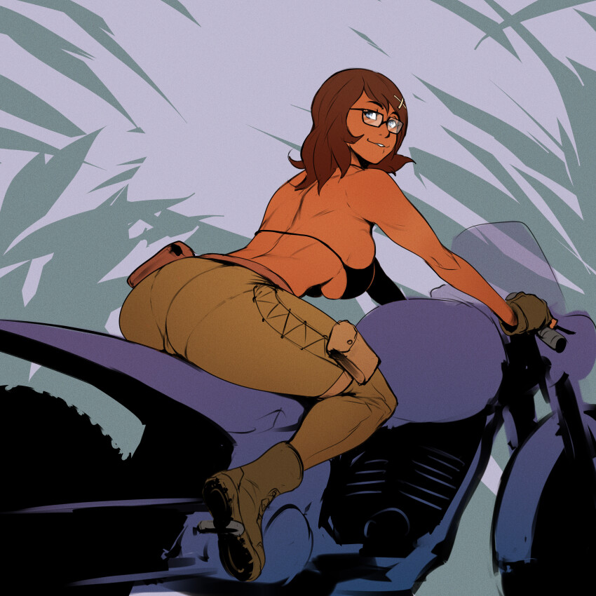 1girl 2023 absurdres ass battletech bikini_top blair_parker_(wibber_rose) blue_eyes boots breasts brown_hair commission dark-skinned_female dark_skin fingerless_gloves from_behind glasses gloves hair_ornament hairclip highres izra large_breasts looking_back motor_vehicle motorcycle original sideboob skindentation smile solo tagme wibber_rose