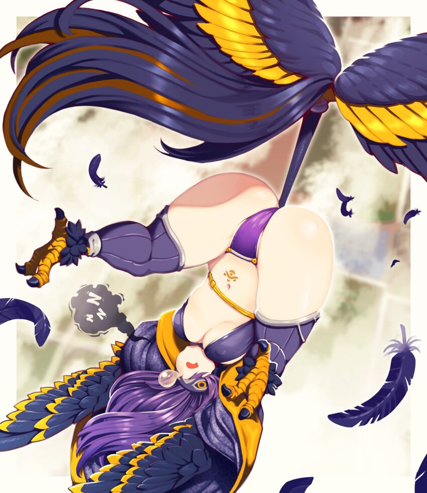 1girl ass bird_legs black_feathers black_wings breasts commentary commission covered_eyes english_commentary feathered_wings feathers flying harpy head_wings highres long_hair medium_breasts monster_girl navel niandni nose_bubble oneiroi_(apexhydra8) original panties partially_feathered_tail purple_hair purple_panties purple_thighhighs sleep_mask sleeping solo spoken_zzz squeans stomach_tattoo talons tattoo thighhighs underwear upside-down winged_arms winged_tail wings zzz