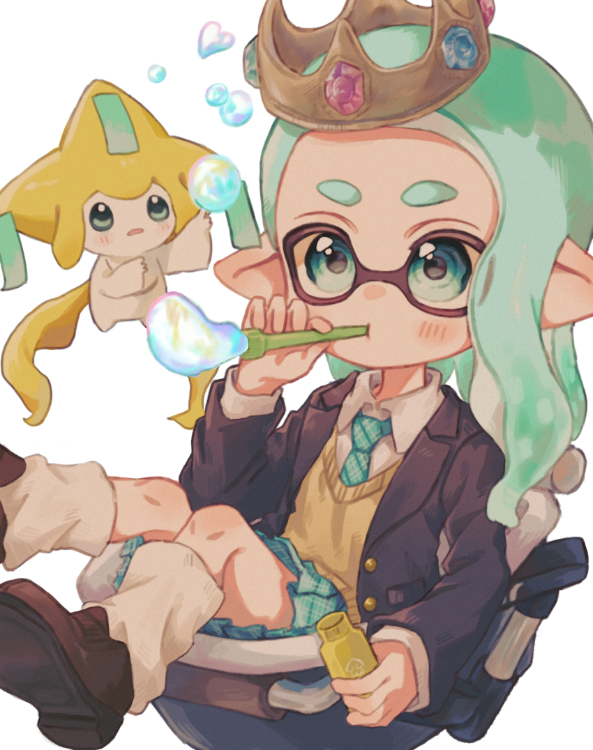 1girl aqua_eyes aqua_hair blazer bloblobber_(splatoon) blowing_bubbles blue_jacket blue_necktie blue_skirt blush brown_footwear bubble_pipe closed_mouth collared_shirt commentary_request crossover crown gen_3_pokemon gold_crown highres inkling inkling_girl inkling_player_character jacket jirachi legendary_pokemon loafers long_hair long_sleeves mythical_pokemon necktie nintendo ochocho2828 open_clothes open_jacket pleated_skirt pointy_ears pokemon pokemon_(creature) school_uniform shirt shoes simple_background sitting skirt socks splatoon_(series) sweater_vest tentacle_hair tilted_headwear wavy_hair white_background white_shirt white_socks yellow_sweater_vest