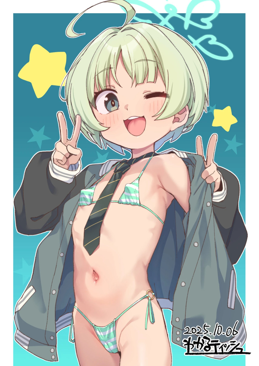 1girl ;d ahoge aqua_background aqua_bikini aqua_halo artist_name bikini black_jacket black_necktie blue_archive blush dated diagonal-striped_clothes diagonal-striped_necktie double_v gradient_background green_hair grey_eyes groin halo hands_up highres jacket kanabun loli long_sleeves micro_bikini navel necktie one_eye_closed open_clothes open_jacket open_mouth pixie_cut ritsu_(blue_archive) short_hair side-tie_bikini_bottom smile solo star_(symbol) star_symbol_background striped_bikini striped_clothes swimsuit teeth tongue unbottoned upper_teeth_only v variant_set webp-to-png_conversion