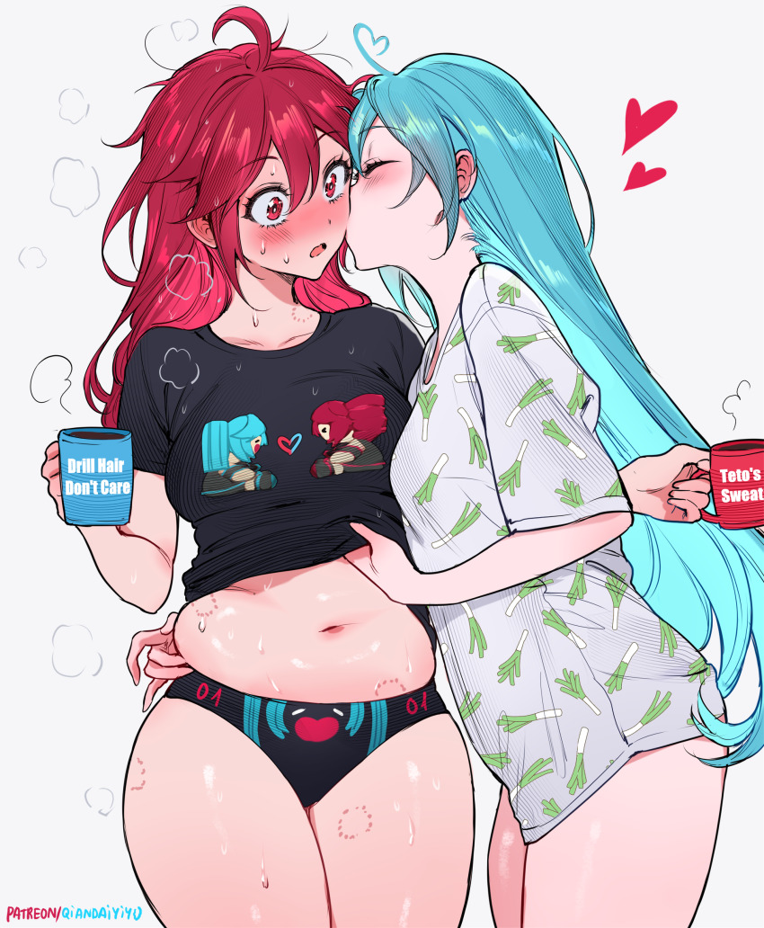 2girls absurdres aqua_hair bite_mark black_panties black_shirt blush breasts closed_eyes cowboy_shot cup hatsune_miku heart highres holding holding_cup kasane_teto kasane_teto_(utau) kiss kissing_cheek large_breasts long_hair multiple_girls navel open_mouth paid_reward_available panties qiandaiyiyu red_eyes red_hair shirt short_sleeves simple_background stomach t-shirt thighs underwear utau vocaloid white_background yuri
