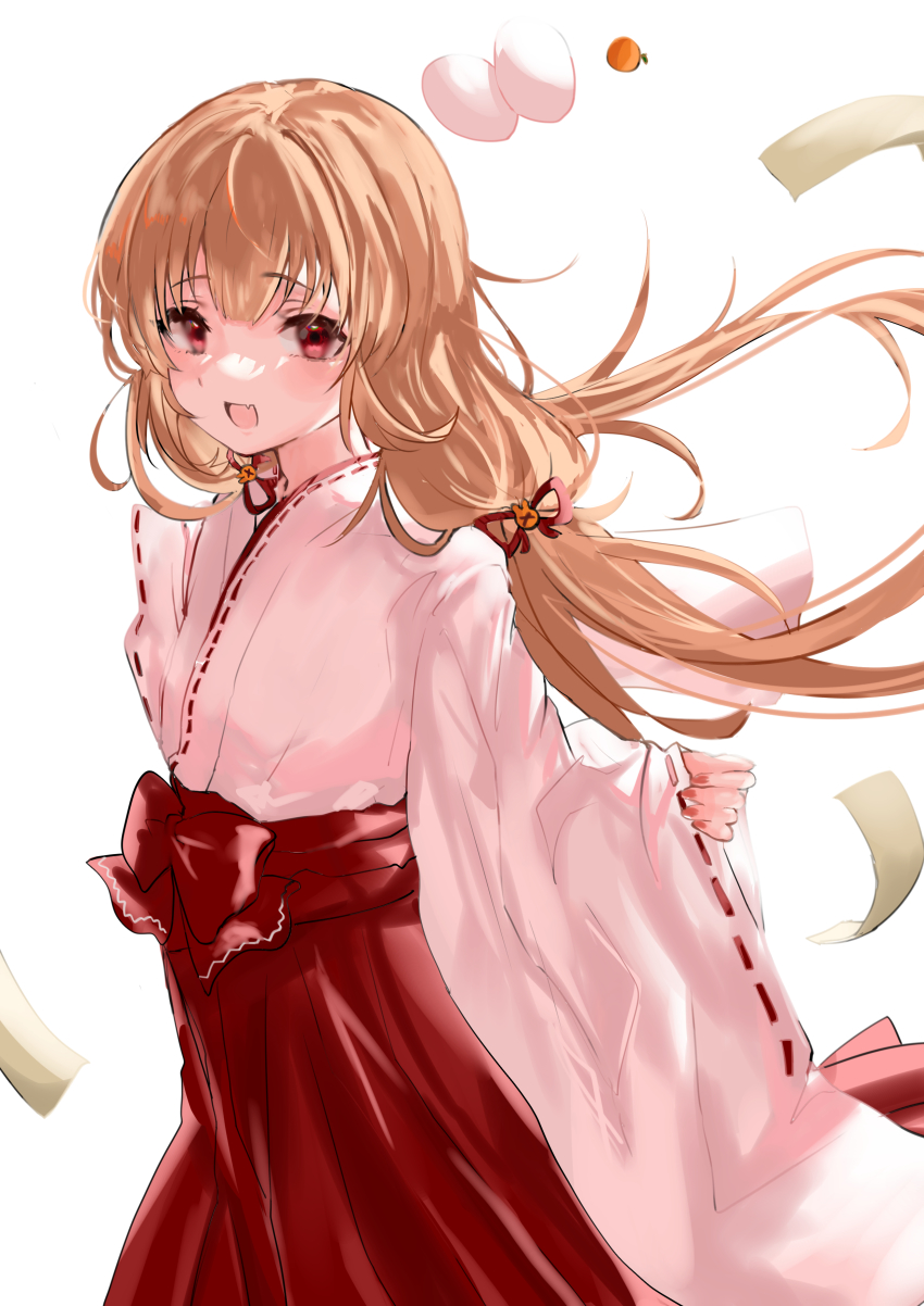 &gt;_&lt; 1girl :d absurdres blush bow brown_hair commentary_request fang floating_hair hair_ornament hair_ribbon hakama hakama_skirt highres japanese_clothes kagami_mochi kimono long_hair long_sleeves looking_at_viewer low_twintails maria_(syake-uni) miko nail_polish natori_sana natori_sana_(miko) open_mouth pinching_sleeves rabbit_hair_ornament red_bow red_eyes red_hakama red_nails red_ribbon ribbon ribbon-trimmed_sleeves ribbon_trim sana_channel simple_background skirt sleeves_past_wrists smile solo twintails very_long_hair virtual_youtuber white_background white_kimono wide_sleeves