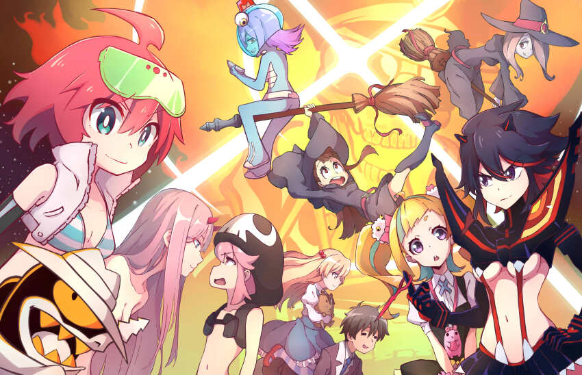 2boys 6+girls absurdres ahoge artist_request black_hair blonde_hair blue_eyes bra breasts broom character_request closed_eyes copyright_request darling_in_the_franxx flat_chest hat highres horns inferno_cop kagari_atsuko kill_la_kill kiznaiver large_breasts little_witch_academia matoi_ryuuko medium_breasts midori_(uchuu_patrol_luluco) multiple_boys multiple_girls one_eye_covered orange_hair school_uniform senketsu shark sharp_teeth skirt small_breasts spacesuit sucy_manbavaran suspenders tagme teeth trigger-chan trigger_(company) twintails uchuu_patrol_luluco underwear witch_hat zero_two_(darling_in_the_franxx)