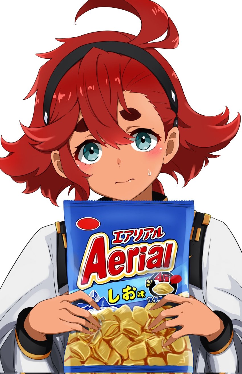 1girl aerial_(food) bag black_hairband blue_eyes blush commentary dark-skinned_female dark_skin gundam gundam_suisei_no_majo hair_behind_ear hair_between_eyes hairband head_tilt highres holding holding_bag jacket looking_at_viewer nagishy name_connection portrait red_hair short_eyebrows solo suletta_mercury thick_eyebrows white_background white_jacket
