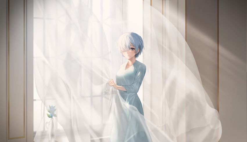 1girl absurdres blue_eyes blue_hair blue_nightgown breasts collarbone commentary curtain_grab curtains expressionless feet_out_of_frame hair_over_one_eye highres indoors long_sleeves looking_at_viewer medium_breasts nightgown re:zero_kara_hajimeru_isekai_seikatsu rem_(re:zero) see-through_curtains short_hair solo sowb standing sunlight vase window