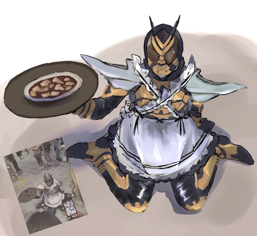 1boy armor bee bug derivative_work dress food helmet holding holding_tray insect kamen_rider kamen_rider_blade kamen_rider_blade_(series) kamen_rider_kabuto_(series) kamen_rider_thebee kneeling legs_apart maid mask on_ground screenshot_redraw soup tray