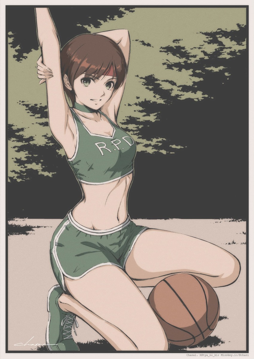 1girl arms_behind_head basketball green_eyes navel rebecca_chambers resident_evil short_hair shorts solo sports_bra sportswear squatting tyanoki
