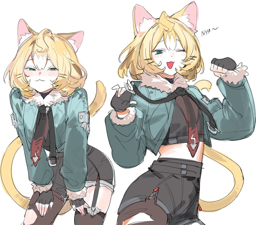 1girl :3 ahoge alternate_costume animal_ears black_gloves black_shorts blonde_hair bob_cut cat_ears cat_girl cosplay crop_top cropped_jacket fingerless_gloves flat_chest fur-trimmed_jacket fur_trim garter_straps gloves green_eyes green_jacket hair_between_eyes hair_ornament hairclip half-closed_eyes high-waist_shorts highres jacket jane_doe_(zenless_zone_zero) jane_doe_(zenless_zone_zero)_(cosplay) kaohom503 looking_at_viewer millie_parfait navel necktie nijisanji nijisanji_en one_eye_closed pantyhose paw_pose short_hair short_shorts shorts single_garter_strap single_leg_pantyhose single_thighhigh smug solo thighhighs torn_clothes torn_pantyhose torn_thighhighs two-tone_necktie virtual_youtuber zenless_zone_zero