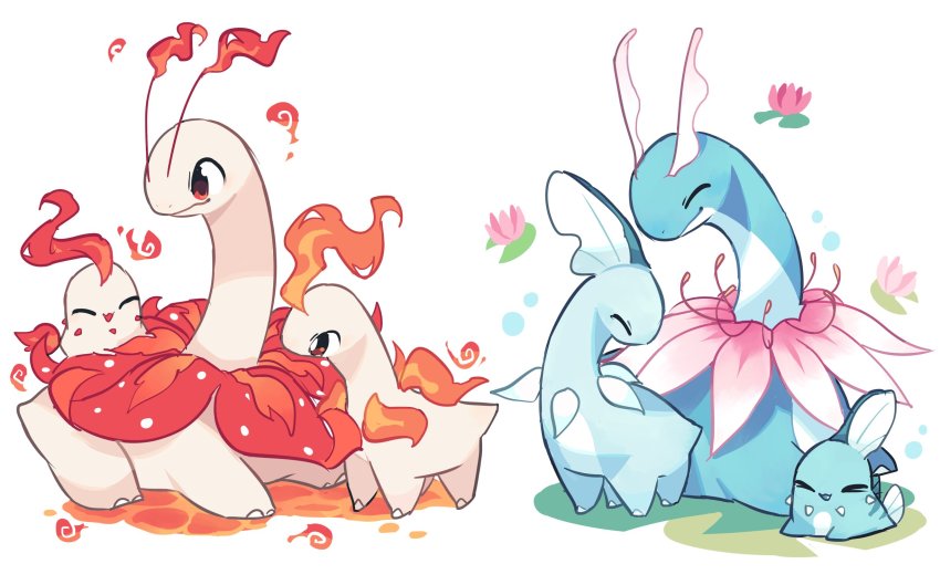 alternate_color bayleef brown_eyes charamells chikorita closed_eyes closed_mouth commentary english_commentary evolutionary_line fire gen_2_pokemon head_down highres looking_back meganium nintendo no_humans pokemon pokemon_(creature) red_eyes smile standing white_background