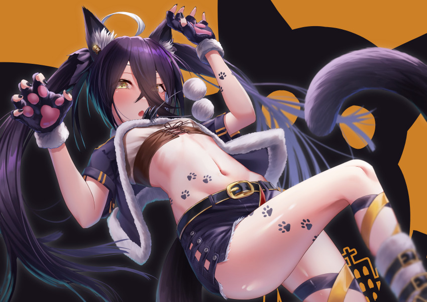 absurdres ahoge animal_ears animal_hands black_capelet black_hair black_nails black_shorts breasts capelet cat_ears cat_girl cat_tail claw_pose fur-trimmed_capelet fur_trim gloves highres long_hair manhattan_cafe_(umamusume) midriff multicolored_hair navel paw_gloves paw_tattoo reo-illust4696 short_shorts shorts small_breasts tail twintails two-tone_hair umamusume white_hair yellow_eyes