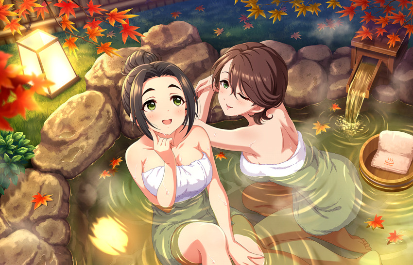2girls autumn_leaves breasts brown_hair cleavage ebihara_naho feet forehead game_cg green_eyes idolmaster idolmaster_cinderella_girls idolmaster_cinderella_girls_starlight_stage large_breasts leaf medium_breasts multiple_girls naked_towel official_art onsen shinohara_rei towel water