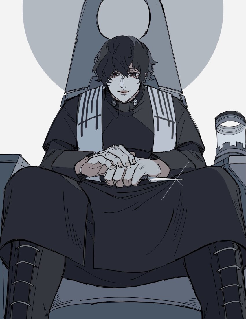 1boy beelzebub_(shuumatsu_no_valkyrie) black_eyes black_robe boots from_below grey_scarf hair_between_eyes half-closed_eyes hands_on_lap hands_on_own_thighs happy highres holding holding_knife holding_weapon knife long_sleeves looking_at_viewer looking_down male_focus own_hands_together parted_lips pov robe scarf shuumatsu_no_valkyrie sitting smile sparkle throne weapon