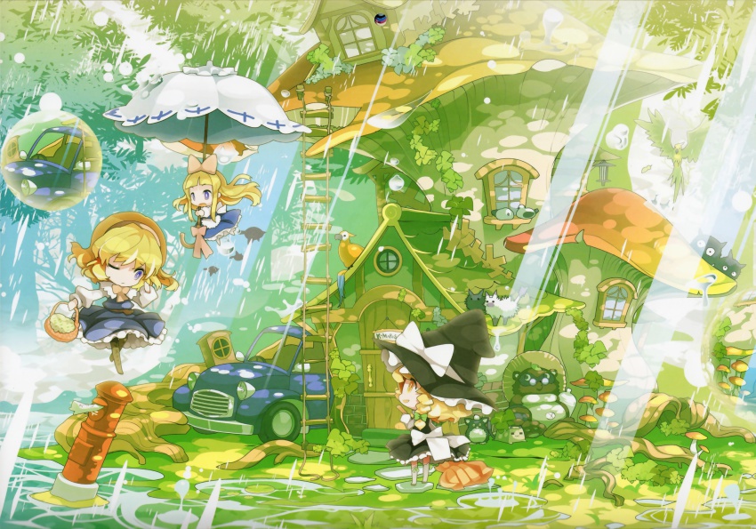2girls absurdres alice_margatroid animal basket bird blonde_hair blue_eyes bow braid broom bubble car cat chibi doll door flying giant_mushroom hair_bow hair_ornament hairband hat hat_ribbon highres house kirisame_marisa ladder lantern long_hair motor_vehicle multiple_girls mushroom mushroom_parent one_eye_closed owl postbox puddle rain ribbon rooftop scan shanghai_doll short_hair side_braid single_braid tanuki touhou tree uki_(room_405) umbrella window wink witch_hat yellow_eyes