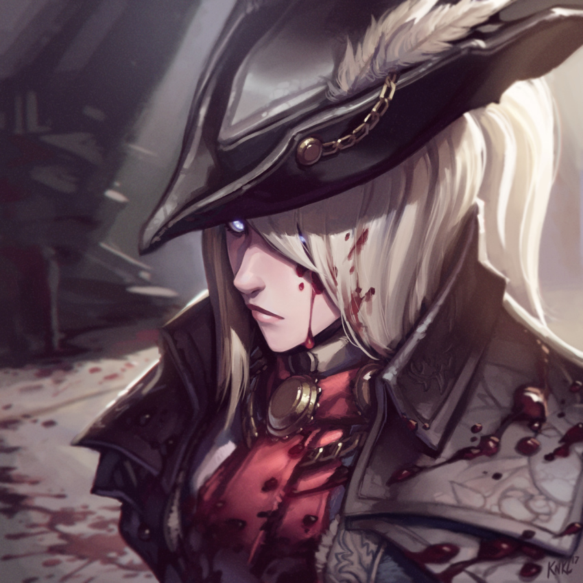 1girl blonde_hair blood blood_on_face bloodborne blue_eyes cravatn dark_souls_(series) hat highres kienan_lafferty lady_maria_of_the_astral_clocktower pale_skin tricorne upper_body