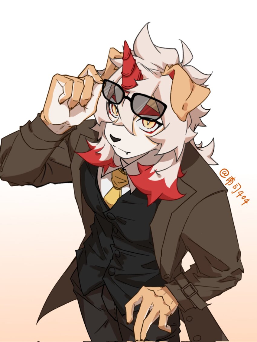 1boy arknights artist_name black_pants black_vest brown_coat closed_mouth coat colored_tips commentary fang fang_out from_above furry furry_male highres holding holding_removed_eyewear horns hung_(arknights) komainu_boy komainu_ears looking_at_viewer looking_up male_focus multicolored_hair nansing0623 necktie pants shirt single_horn unworn_eyewear vest white_shirt yellow_necktie