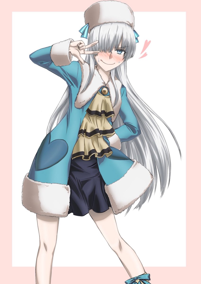 1girl akito_(sub707) anastasia_(fate) anastasia_(shadow_hearts) blue_eyes blush closed_mouth cosplay dress fate/grand_order fate_(series) hair_over_one_eye hat highres long_hair looking_at_viewer name_connection shadow_hearts shadow_hearts_ii silver_hair smile solo v very_long_hair