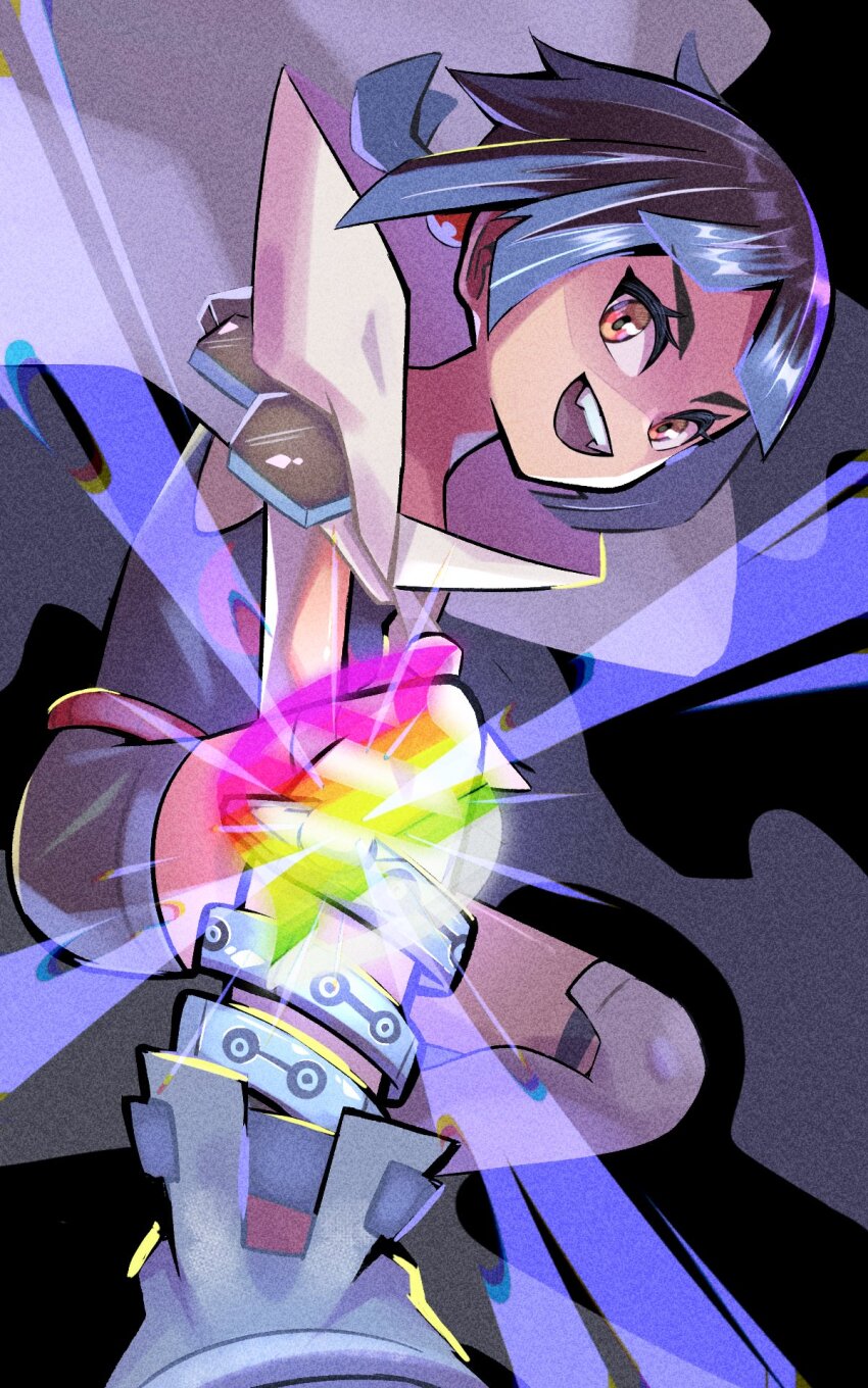 1girl :d black_background black_hair black_shirt brown_cape cape dark-skinned_female dark_skin eyelashes highres inana_umi looking_at_viewer mega_evolution_symbol nintendo open_mouth pokemon pokemon_oras red_eyes shirt short_hair shorts smile solo teeth upper_teeth_only zinnia_(pokemon)