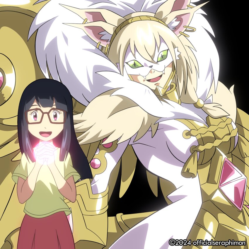 2girls aged_down animal_ears black_hair cat_ears cat_girl digimon digimon_(creature) digimon_adventure_tri. glasses green_eyes happy highres long_hair looking_at_viewer mask mochizuki_meiko multiple_girls officialseraphimon pink_eyes rasielmon smile