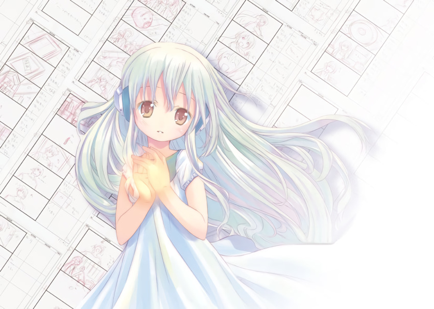 00s child dress flat_chest flower_(kowarekake) furawaa own_hands_clasped headphones highres kowarekake_no_orgel original own_hands_together pop red_eyes silver_hair third-party_edit waifu2x