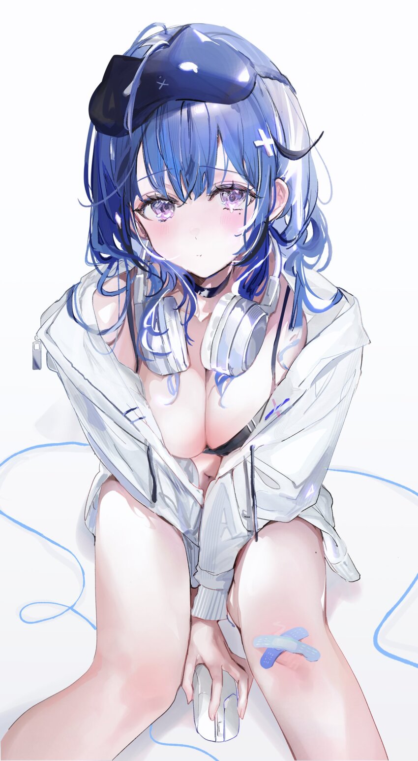 1girl ahoge bandaid bandaid_on_knee bandaid_on_leg black_bra black_choker blue_hair blush bra breasts choker cleavage closed_mouth computer_mouse hair_ornament headphones headphones_around_neck highres holding_computer_mouse jacket large_breasts long_sleeves looking_at_viewer navel open_clothes open_jacket original purple_eyes shia_job simple_background sitting solo underwear white_background white_jacket x_hair_ornament