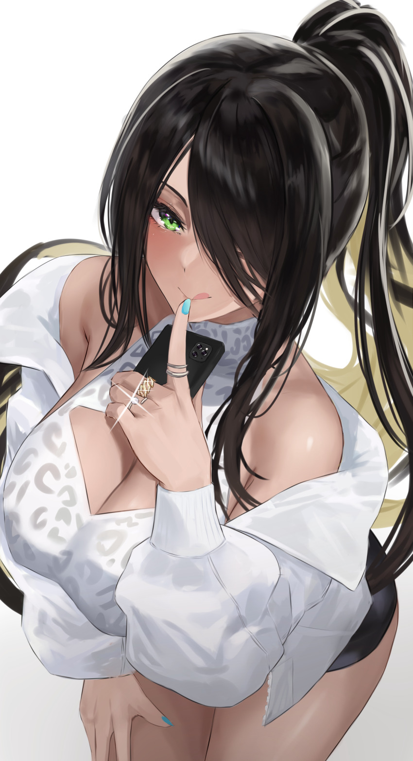 1girl absurdres azur_lane bare_shoulders black_hair blush breasts cellphone chiyu1182 cleavage green_eyes highres jacket jewelry large_breasts licking_lips long_hair long_sleeves northampton_(azur_lane) phone ring smile solo thighs tongue tongue_out
