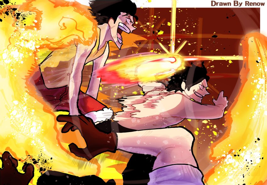 2boys absurdres artist_name blood blood_on_face brothers fire freckles gloves highres looking_ahead male_focus marine_(one_piece) monkey_d._luffy multiple_boys one_piece one_piece_fan_letter open_mouth portgas_d._ace red_shorts ren0w shirt short_hair shorts siblings sleeveless topless_male twitter_username yellow_shirt