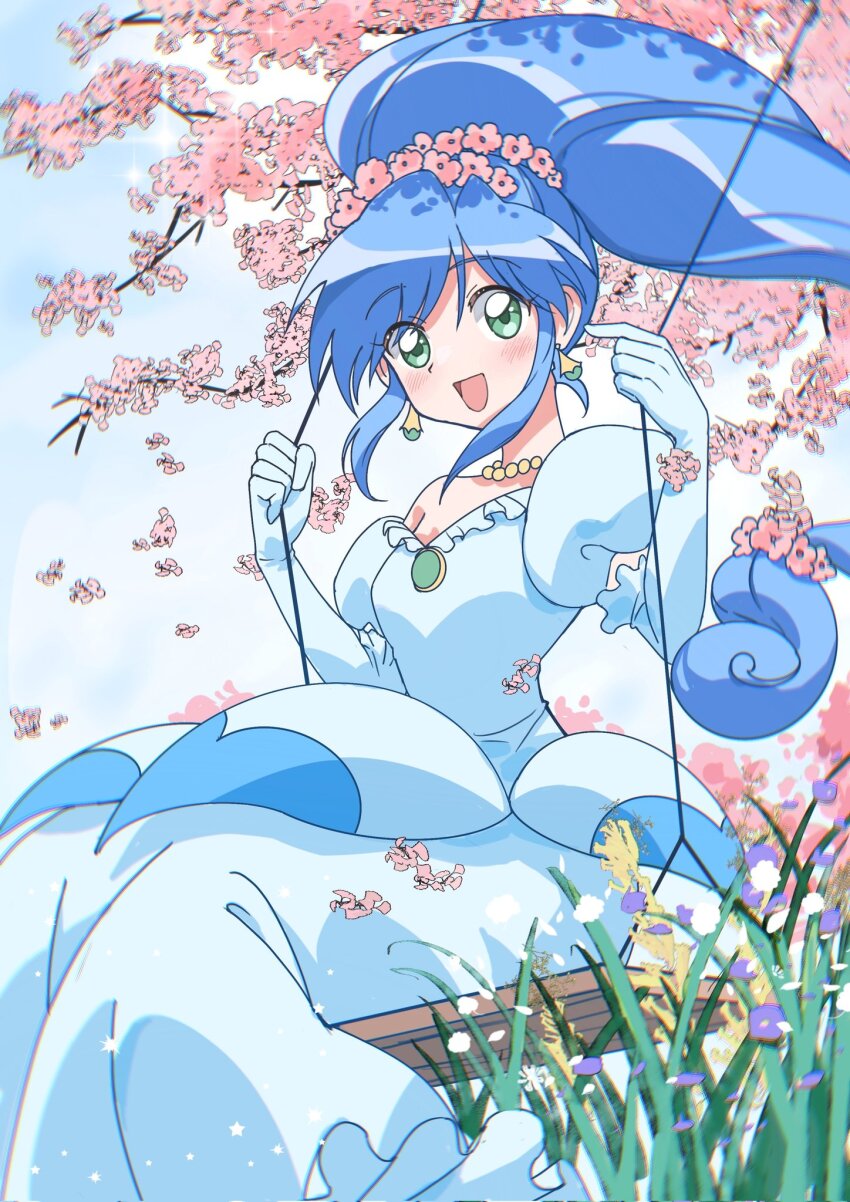 1girl aged_up anime_coloring artist_name bead_choker beads blue_dress blue_gloves blue_hair blue_sky breasts cherry_blossoms cleavage cloud curly_hair day dress earrings elbow_gloves eyelashes feet_out_of_frame floating_hair flower flower_hairband frilled_gloves frills fushigiboshi_no_futago_hime gloves gown grass green_brooch green_eyes happy highres jewelry light_blush light_particles long_dress long_hair mixed-language_text off-shoulder_dress off_shoulder official_style on_swing open_mouth outdoors pink_flower princess puffy_short_sleeves puffy_sleeves rapunzel_xiaxin rein_(futagohime) short_sleeves sidelocks sitting sky smile solo spring_(season) swept_bangs swing swinging_on_swing tareme textless_version tree very_long_hair