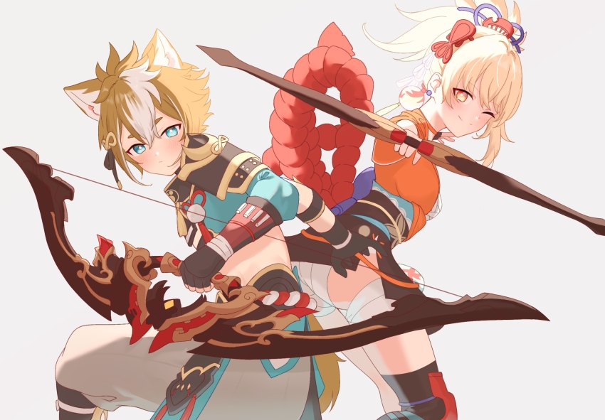 1boy 1girl animal_ears aqua_eyes bandages black_gloves blonde_hair blush bow_(weapon) breasts brown_hair choker closed_mouth crop_top dog_boy dog_ears dog_tail earrings genshin_impact gloves gorou_(genshin_impact) grey_pants hair_between_eyes hair_ornament highres holding holding_bow_(weapon) holding_weapon japanese_clothes jewelry kimono long_hair looking_at_viewer midriff multicolored_hair narshiyu orange_choker orange_kimono pants sarashi short_hair smile streaked_hair tail tattoo weapon white_hair yoimiya_(genshin_impact)